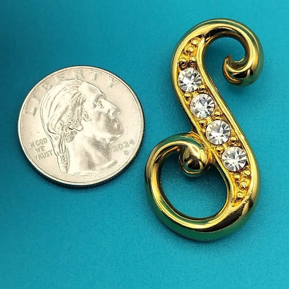 Gold Tone Swirl Rhinestone Brooch Pin Jewelry